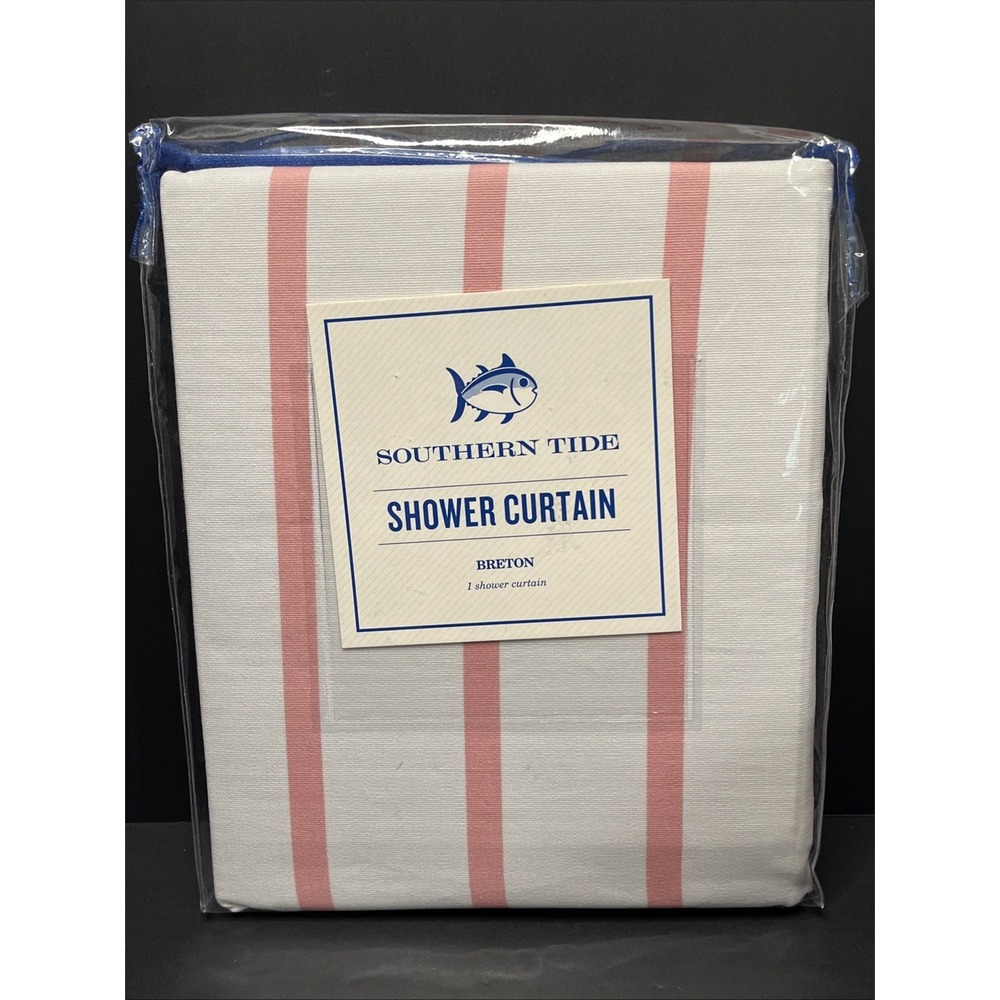 Southern Tide Breton Pink White Stripe Shower Curtain 72x72" Fish Logo Nautical